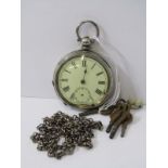 SILVER CASED POCKET WATCH, & white metal chain with small bunch of watch keys, watch in un-tested