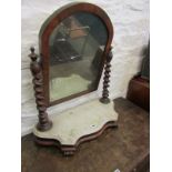 VICTORIAN SWING DRESSING MIRROR, shaped marble base with pair of barley twist mahogany supports, 26"