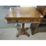 VICTORIAN ROSEWOOD NEEDLEWORK TABLE, tapering pillar on quadrefoil base and single frieze drawer (