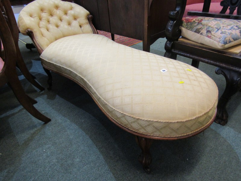 VICTORIAN CHAISE LONGUE, gold buttonback upholstery with scroll back rest supports and feet - Image 2 of 2