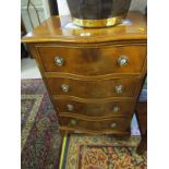 REPRODUCTION cross banded mahogany serpentine fronted 4 drawer bedside chest, brass ring drop