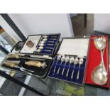 CUTLERY, cased antler handled carving set, HM silver serviette ring, vintage compact & 2 sets of