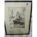 MARITIME, pencil signed etching "R.M.S. Majestic off New York", 9" x 7", blind stamp from New York