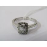 9ct WHITE GOLD ILLUSION SET DIAMOND CLUSTER RING, 5 principal rectangular cut diamonds of good