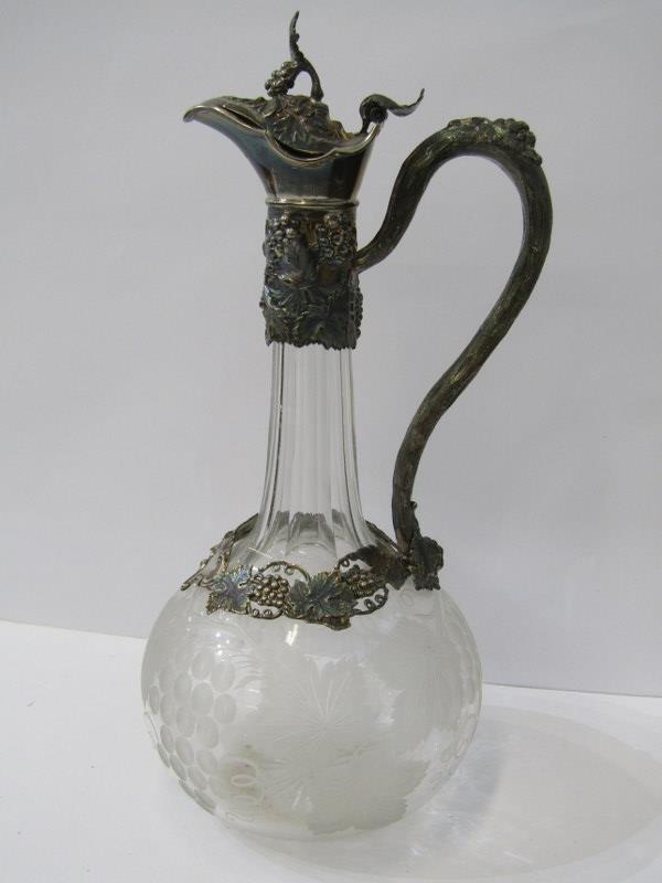 VICTORIAN SILVER MOUNTED CLARET JUG, with etched vine grape and leaf decoration, the silver mounts