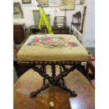 VICTORIAN NEEDLEWORK TOP SQUARE FOOT STOOL, baluster X frame stretcher