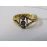 22CT YELLOW GOLD AMETHYST & SEED PEARL RING, approximately 5grms in weight, size L/M