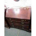 LATE GEORGIAN MAHOGANY BUREAU, 4 long graduated drawers with brass fretwork backplate handles and