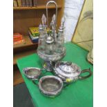 SILVER PLATE, 6 bottle condiment set on plated stand with etched glass decoration, together with 3