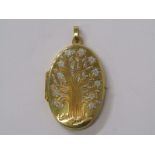 9ct GOLD LOCKET, of oval form with foliate decoration to front, over 3cms in length, 5 grams
