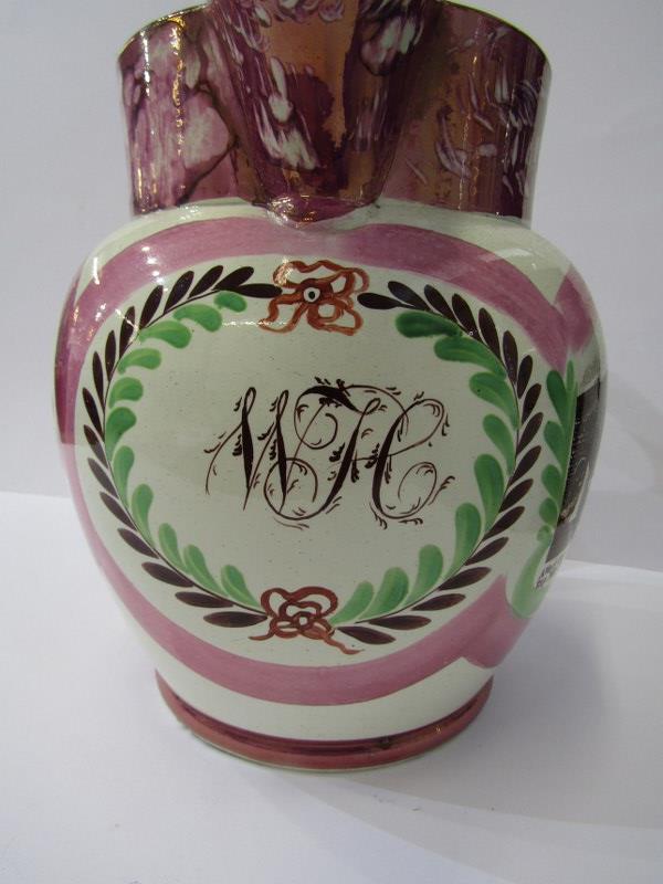 SUNDERLAND POTTERY, pink lustre 9" jug, inscribed "William Heath 1830", with Iron Bridge and Farmers - Image 3 of 5