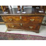 GEORGIAN BURR WALNUT CHEST, cross banded twin drawer low chest with engraved brass handle back