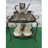 SILVERPLATE, 2 tier coffee and liquor set with silver collared decanter, & Coalport coffee cans