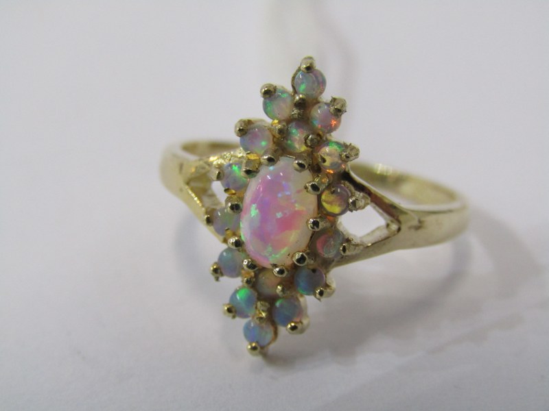 9CT YELLOW GOLD OPAL CLUSTER RING, marquise shape cluster on 9ct yellow gold setting, size N/O