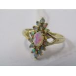9CT YELLOW GOLD OPAL CLUSTER RING, marquise shape cluster on 9ct yellow gold setting, size N/O