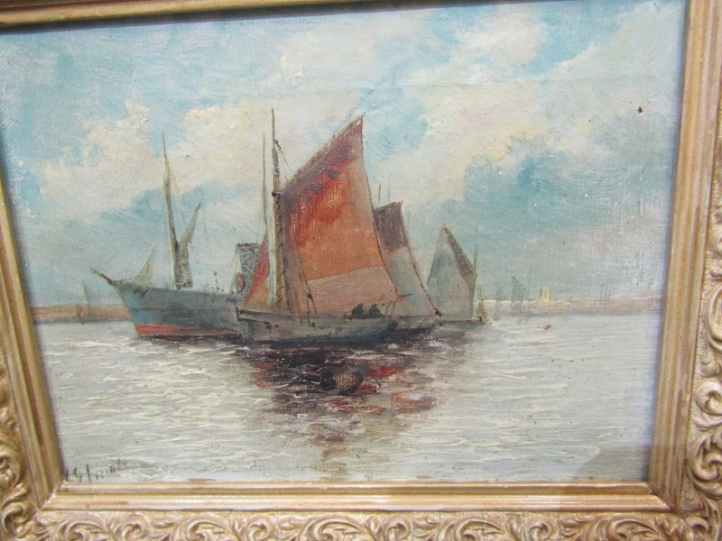 STYLE OF EDWIN FLETCHER, indistinctly signed oil on canvas "Sailing Ships and Freighter off the - Image 2 of 3