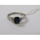 18ct WHITE GOLD, SAPPHIRE & DIAMOND RING, principal rectangular cut dark royal blue sapphire with