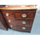 LATE GEORGIAN MAHOGANY BOW FRONT CHEST, 2 short and 3 long graduated drawers with period stamped