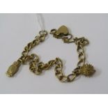 9ct YELLOW GOLD CHARM BRACELET, with heart padlock clasp, 2 charms, hedgehog & owl, combined