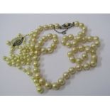 PEARL NECKLACE, 1 cultured pearl necklace on silver clasp with safety chain and 1 cultured pearl