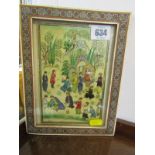 PERSIAN SCHOOL, painted opaque panel "Village Life" in inlaid bone frame, 7" x 5"