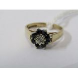 9CT YELLOW GOLD SAPPHIRE & DIAMOND CLUSTER RING, central brilliant sapphire surrounded by 8