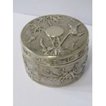 CHINESE SILVER LIDDED CANISTER decorated birds, bugs and bamboo stork and leaf pattern in relief,