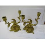 ROCOCO CANDELABRA, A pair of gilded twin branch foliate design candelabra, 18" height