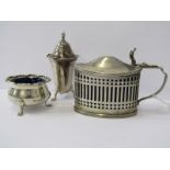 SILVER CONDIMENTS, oval mustard with pierced body and blue glass liner, London HM, a silver salt