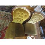 SPOONBACK CHAIRS, pair of mahogany framed gold button back nursing chairs with original castors