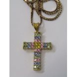 9ct YELLOW GOLD MULTI SAPPHIRE CROSS PENDANT, on 9ct yellow gold fancy necklace