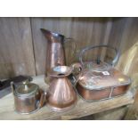 ANTIQUE METAL WARE, Copper square base kettle, also pint copper measure, Edwardian copper teapot and