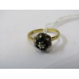 18ct YELLOW GOLD SAPPHIRE & DIAMOND CLUSTER RING, size J/K