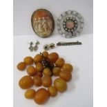 SMALL SELECTION OF COSTUME JEWELLERY, including cameo brooch, white metal opalite brooch, earrings