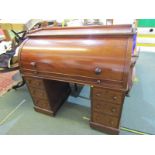 VICTORIAN MAHOGANY CYLINDER TOP DESK, maple fitted interior with twin pedestals of 6 drawers, 47"