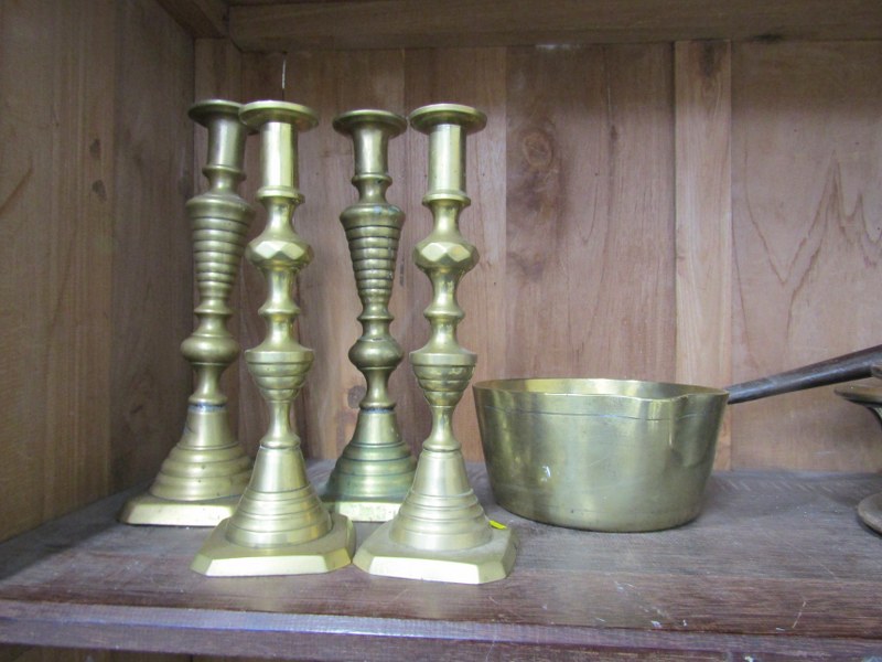 METALWARE, 2 pairs of brass square base multi knop candle sticks, 11" and 10", also brass long - Image 2 of 3