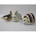 ROYAL CROWN DERBY PAPERWEIGHTS, collection of 3 gilded paperweights, "Hedgehog, Rabbit and Wren"