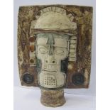 TROIKA MASK, with incised and textured "Aztec" decoration, indistinct artist monogram, 10" height