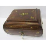 REGENCY NEEDLEWORK BOX, Brass inlaid rosewood fitted interior needlework box with twin oak leaf