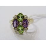 9CT YELLOW GOLD SUFFRAGETTE STYLE RING, amethyst, peridot & seed pearl to give colours of green,