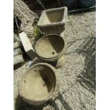 GARDEN PLANTERS, a pair of vintage concrete circular stemmed planters, 14" diameter x 14" high, also