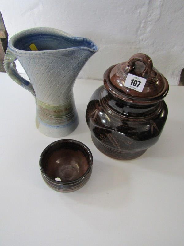 STUDIO POTTERY, Barry Hugget, Truro Pottery, 9" salt glaze jug, also Tenmokuglaze lidded jar and