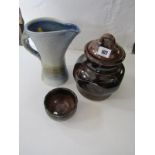 STUDIO POTTERY, Barry Hugget, Truro Pottery, 9" salt glaze jug, also Tenmokuglaze lidded jar and