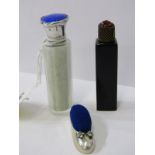 SILVER & ENAMEL TOP PERFUME, silver marked slipper pin cushion and 1 other glass phial