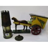 MINING, 'The Protector' mining lamp, together with vintage scratch built toy trolley 'Horse Drawn