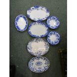 MEAT PLATES, collection of 5 various Edwardian and other oval meat plates and pair of flow blue soup