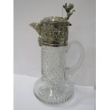 CLARET JUG, cut glass body claret jug with lion crested lid with dancing Putti mount, 11" height