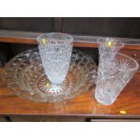 CUT GLASS, 3 quality cut glass vases, 10" max height, also quality pressed glass wash bowl