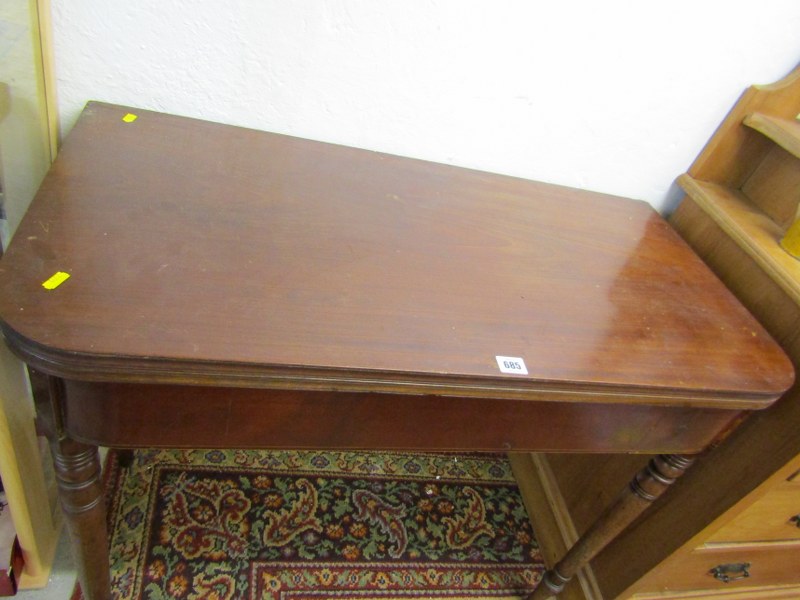 19th CENTURY MAHOGANY TEA TABLE, fold top with inlaid frieze on tapering turned legs, 36" width - Image 2 of 2