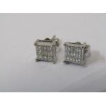 PAIR OF 18ct WHITE GOLD DIAMOND SQUARE FORM CLUSTER EARRINGS, each earring containing 9 well matched